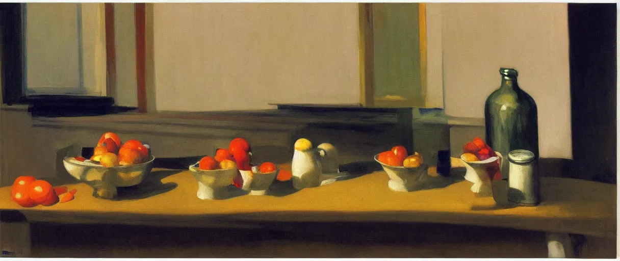 Prompt: bowls, bottles, cans and fruits on the corner table in a modern living room at night, cold lighting, by Edward Hopper