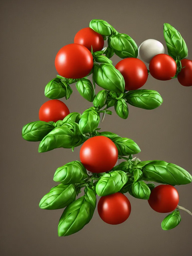 Image similar to highly detailed 3 d render of a mythical tree with sparse leaves of tomatoes and mozzarella balls and basil leaves, hyper realistic octane render, cinematic lighting, deviantart, lowbrow, surrealism, pixar still