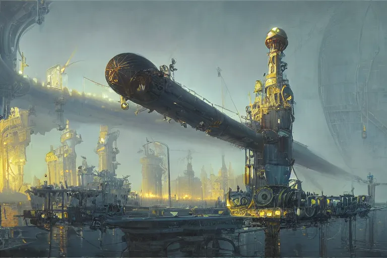 Image similar to wide view of a steampunk airship docking with a tall tower, fog, volumetric lighting, intricate, elegant, highly detailed, digital painting, artstation, concept art, smooth, sharp focus, art nouveau, art by syd mead and john berkey