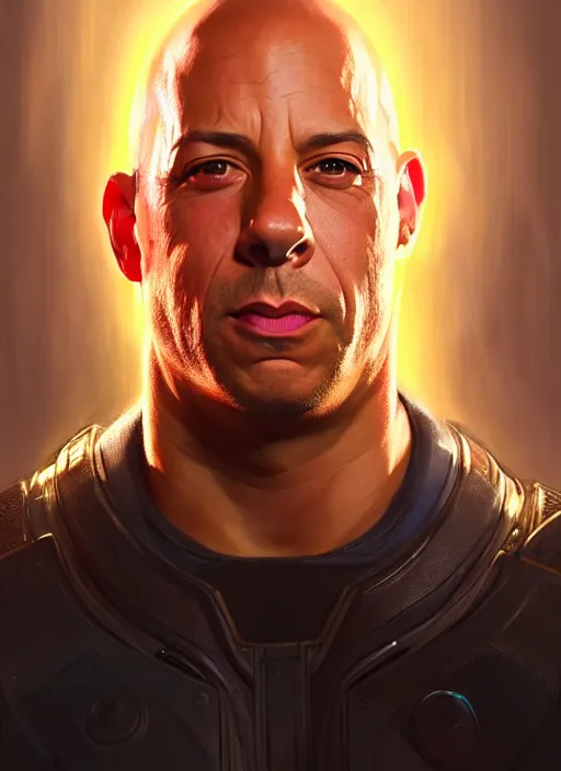 Image similar to portrait of apex legends vin diesel, intricate, elegant, glowing lights, highly detailed, digital painting, artstation, glamor pose, concept art, smooth, sharp focus, illustration, art by artgerm and greg rutkowski, artey freytag