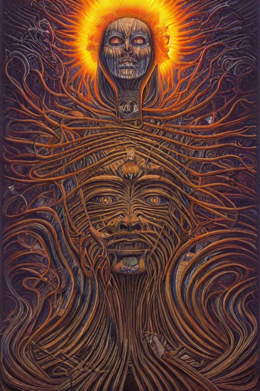 Image similar to THE QUEEN OF THE SUN by jacek yerka, alex gray, zdzisław beksiński, dariusz zawadzki, jeffrey smith and h.r. giger, oil on canvas, 8k highly professionally detailed, trending on artstation