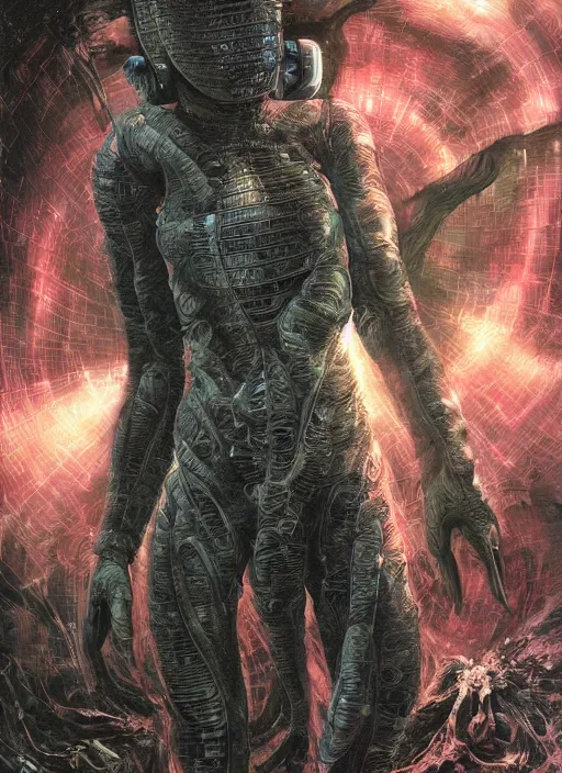 Image similar to astronauts in dark void underwater - complex and hyperdetailed technical suit. reflection and dispersion materials. rays and dispersion of light. volumetric light. f / 3 2. noise film photo. flash photography. ultra realistic, wide angle. poster by wayne barlowe, hajime sorayama aaron horkey, craig mullins