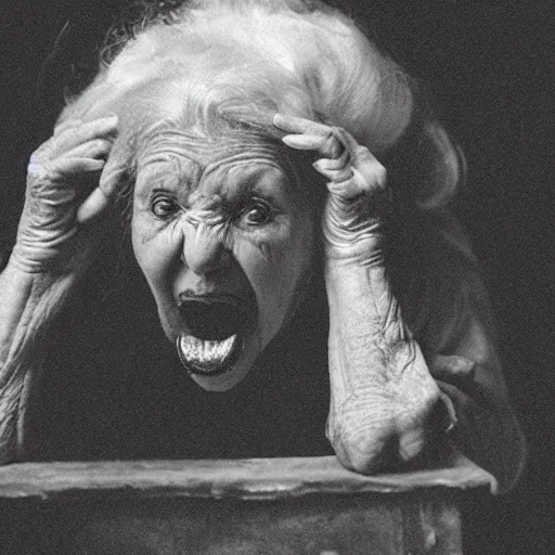 Image similar to an old woman swallowing a spider