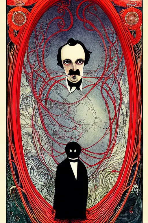 Prompt: realistic symmetrical portrait of edgar allen poe in the center of a red whirlpool frame, detailed art by kay nielsen and walter crane, illustration style, watercolor