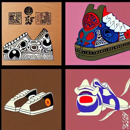 Image similar to sneaker design designed by studio ghibli, aztec mayan street fashion native punk sneaker design, majora's mask, wearing wooden mask, hip hop sneaker design with subtle mayan patterns, gapmoe yandere grimdark, trending on pixiv fanbox, painted by greg rutkowski makoto shinkai takashi takeuchi studio ghibli, akihiko yoshida