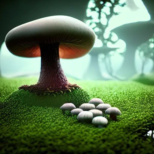 Prompt: mushroom designed as a house, fantasy land clouds, octane render, volumetric, unreal engine