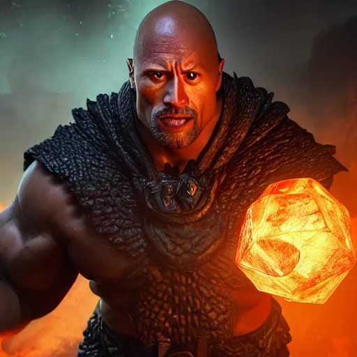 Image similar to closeup 2 8 mm dwayne johnson warlock casting a spell in a castle, d & d, fantasy, intricate, action pose, particle effects, highly detailed, digital painting, artstation, concept art, matte, sharp focus, volumetric lighting, illustration, hearthstone, art by artgerm, wlop, greg rutkowski and alphonse mucha