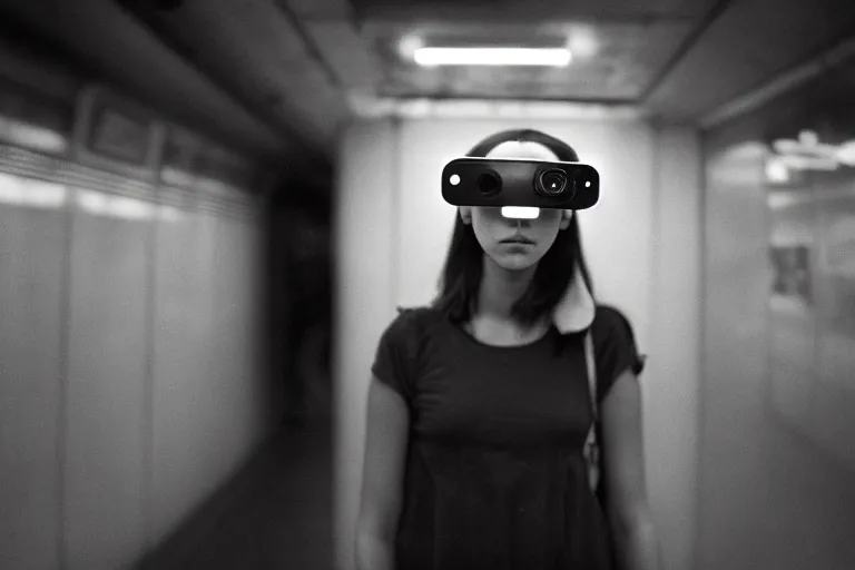 Prompt: girl wearing futuristic augmented reality headset in a subway, richard avedon, tri - x pan, ominous lighting