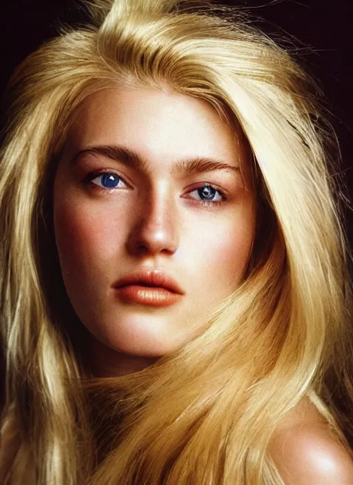 Prompt: kodak portra 400, photographic extreme close-up face of a beautiful woman with blond hair , photographed by Mario Testino , high quality, complementary colors .