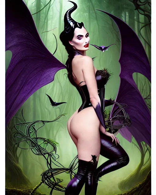 Image similar to new art nouveau portrait of fantasy succubus maleficent megan fox wearing a leather corset in a magical forest, anna dittmann, moebius, wlop, artgerm, patrick nagle, charlie bowater and loish. long windblown hair, ultrasharp focus, dramatic lighting, barbwire vine arches, photorealistic digital matte painting, intricate.