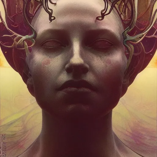 Image similar to queen of neptune by zdzisław beksinski, iris van herpen, raymond swanland, craig mullins and alphonse mucha. highly detailed, hyper - real, beautiful