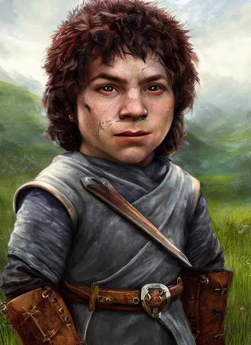 Prompt: A fantasy portrait painting of a halfling fighter prepared for battle on a beautiful meadow, DAZ, hyperrealistic, ambient light, dynamic light, trending on artstation, d&d, RPG portrait