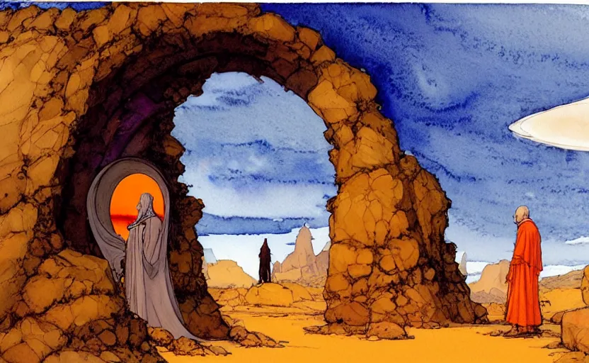 Prompt: a hyperrealist watercolour concept art of a desert day. through a large rock arch is a time portal to an orange sunset sky. a medieval monk in grey robes is in the foreground. by rebecca guay, michael kaluta, charles vess and jean moebius giraud. high detail, hq, wide shot