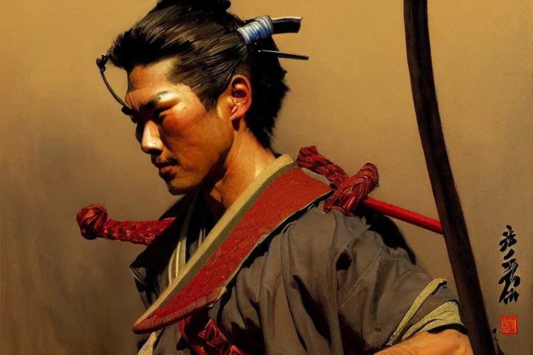 Prompt: male samurai painting by gaston bussiere, craig mullins, j. c. leyendecker