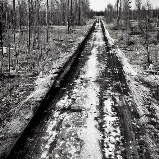 Prompt: an abandoned road within the Chernobyl Exclusion Zone, high resolution vintage photograph, abandoned huts