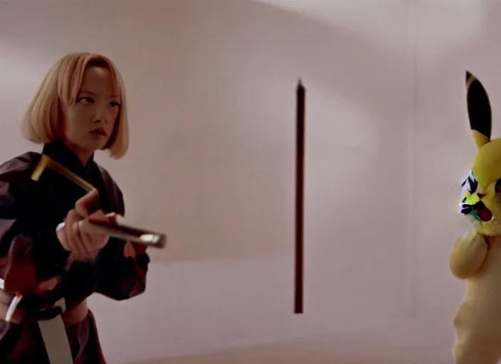 Image similar to film still pikachu with katana in dojo in kill bill film by tarantino, 8 k