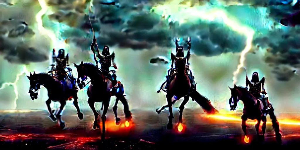 Image similar to ”four horsemen of the apocalypse riding skeleton horses towards the camera [epic, cinematic, scary, intimidating, horror, war, battle, hell, storm clouds, lightning, octane render, 8k, mattepainting, art by wlop and paul lehr and greg rutkowski]”