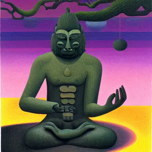 Prompt: an anthromorphic wolf man meditating in a zen garden, by amanda clark and karel thole in a psychedelic style, oil on canvas