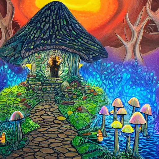 Image similar to acrylic painting , whole page illustration , art in the style of Terry Moore, a tiny village carved into the side of a tree, inhabited by elves and faeries, the outside lights are bioluminescent mushrooms and fungi intricately detailed