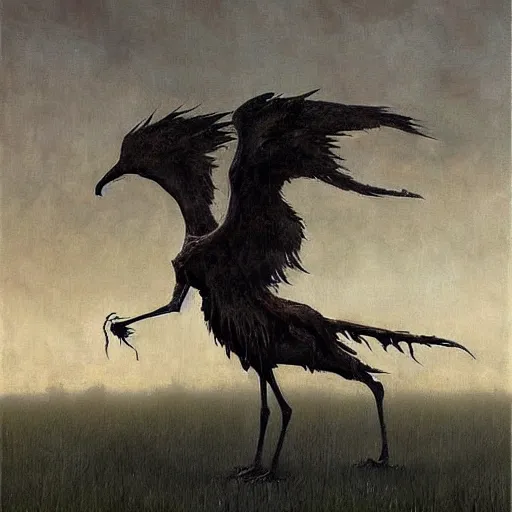 Prompt: an oil painting of a griffin by esao andrews. circa survive album cover art. dark. muted colors. gothic. oil painting with brush strokes. creepy.