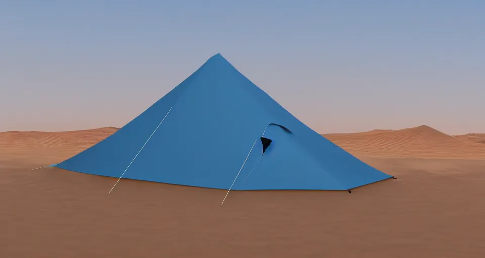 Image similar to hyper realistic matte painting of a small tent in the desert with dunes at night, blue color scheme, artstation, cgsociety