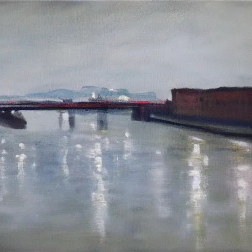 Image similar to very abstract painting of the rhine in basel, very rough brush strokes, oil on canvas, muted greyscale colors, great composition