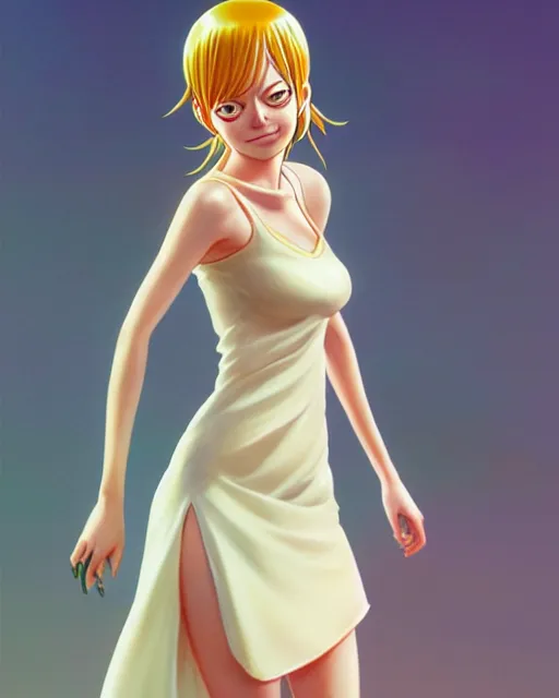 Prompt: emma stone as nami from one piece, simple cream dress, detailed perfect face, mid view, by artgerm, by studio muti, greg rutkowski makoto shinkai takashi takeuchi studio ghibli