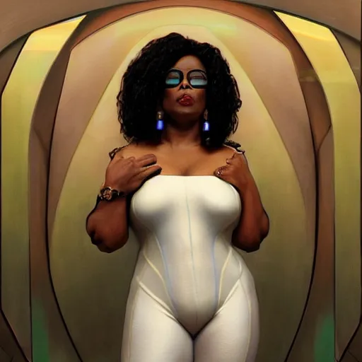 Image similar to cyberpunk fat oprah winfrey head domme mistress, full body, dominatrix, tribal, smooth white tight clothes suit, ornate, very beautiful, concept art, realistic painting, androgynous, afrofuturism, daz 3 d, cinematic, cgsociety, digital art by greg rutkowski, by alphonse mucha,