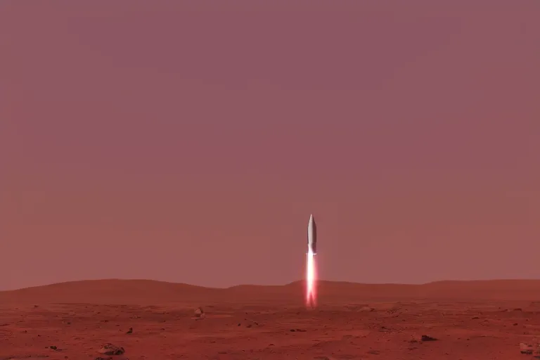 Image similar to spacex starship lifting off from the surface of mars, hazy, pink sky, cinematic, photorealistic, 4 k