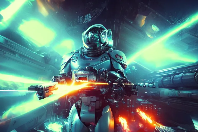 Image similar to VFX movie of a futuristic inhuman alien spacemarines in future spaceship, firing gun at space pirates detailed creature skin neon lighting combat by Michael Bay