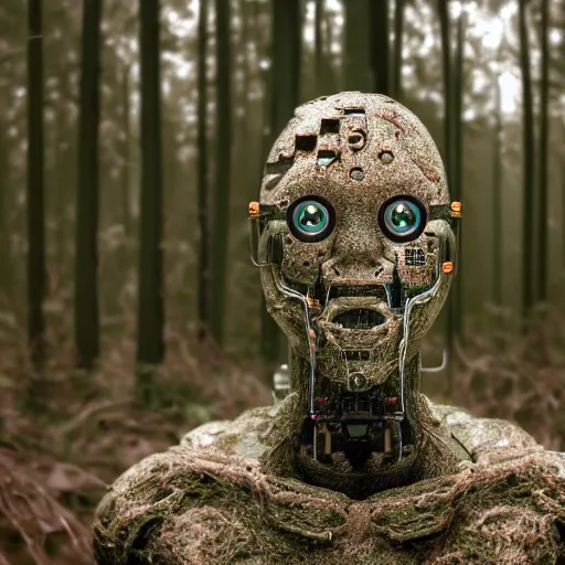 Image similar to very detailed portrait 55mm photo of a mechanical head without skin, optic fiber nerves, gears in his head and cybernetic enhancements with no plating. Packed with cybernetics. Has cameras for eyes. In the forest with bokeh. Ray tracing and tessellation. Very sharp high detailed 8k image