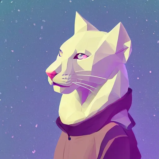 Image similar to aesthetic albino panther fursona portrait, commission of a anthropomorphic lion on fire, fursona wearing stylish clothes, winter armosphere, pastel simple art, low poly