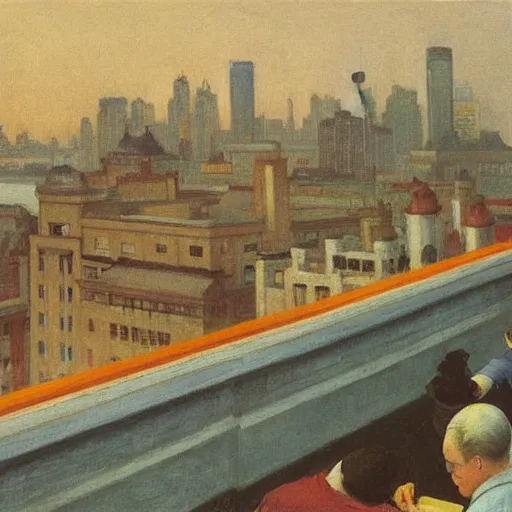 Prompt: a small rooftop with company of people sitting, shanghai bund is on the background, night, by edward hopper