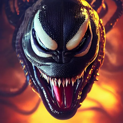 Image similar to portrait of venom, intricate artwork, concept art, octane render, deviantart, cinematic, key art, hyperrealism, iridescent accents, portrait photograph, nikon 3 5 mm, photograph by greg rutkowski