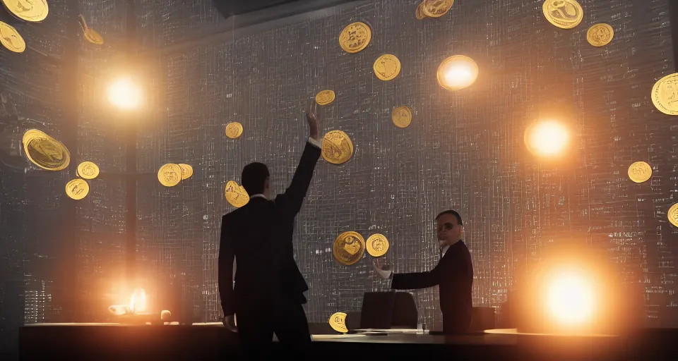 Image similar to Dramatic photo of a CEO waving goodbye to a group of silhouettes of his coworkers in a futuristic office. Golden coins are levitating all around them. 8k, high detail, trending on Artstation, volumetric lighting, cyberpunk