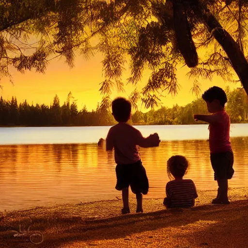 Prompt: Digital art. Boy and girl playing at the lake near the forest edge. Sunset. Warm colors.