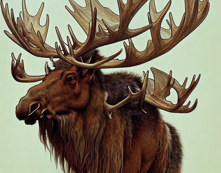 Prompt: a beautiful and very detailed painting of great ethereal moose with silver antlers by artgerm and greg rutkowski and alphonse mucha, 8 k