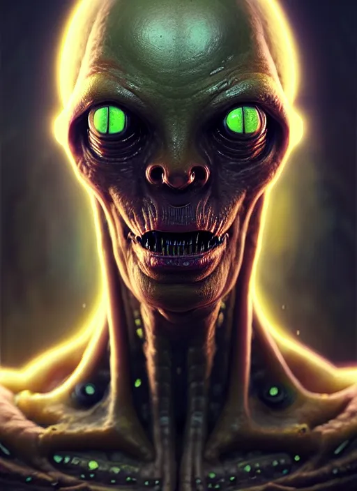 Image similar to portrait of a space alien, varying detailed skin, octane render, piercing glowing eyes, realistic render, detailed, ugly, slimy unreal engine, symmetrical!!, greg rutkowski and ruan jia, art by karol bak, makeup, cinematic