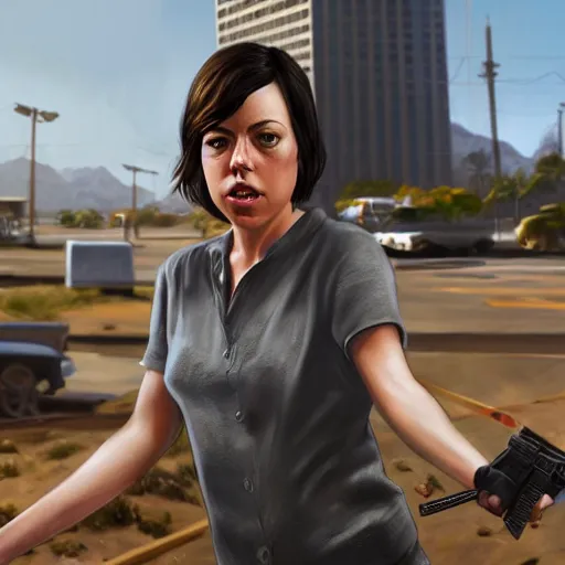 Image similar to screenshot of aubrey plaza in gta v, realistic painting, high definition, digital art, matte painting, very detailed, concept art, pixiv, deviantart, artstation, illustration, realistic