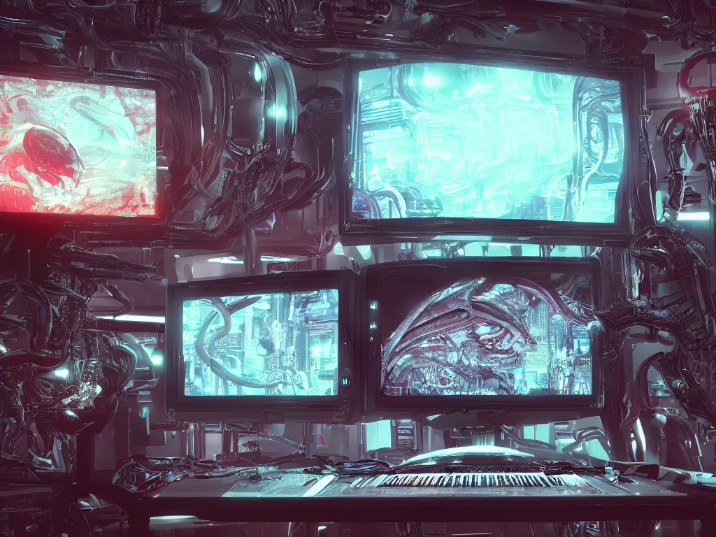 Image similar to a giantic retrofuturistic monitor made by elephant heads, a digital music sheet displayed in the screen, futuristic, cyberpunk, xenomorphic, biomechanical, posthuman, liminal, realistic, ultra detailed, 8 k, cycles render engine, chromatic aberration, dof