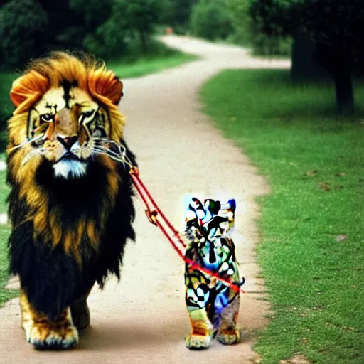 Image similar to A man in a lion costume walking a tiger on a leash, photo by steve mccurry