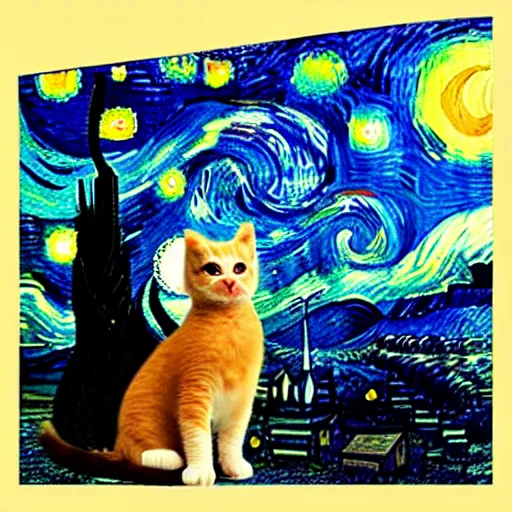 Image similar to kittens staring at moon in van goh a starry night