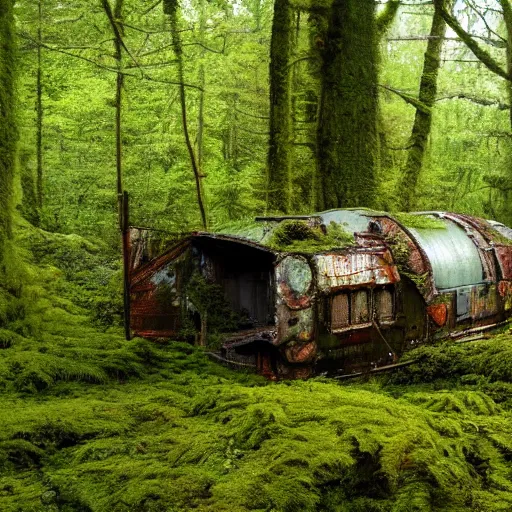 Image similar to derelict spaceship in a Forrest, hyper detailed, overgrown with moss, rusty metal, wildlife, daytime