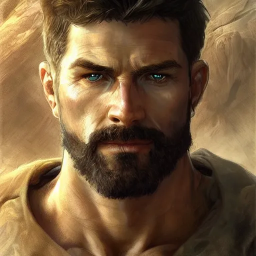 Image similar to portrait of a rugged ranger, muscular, upper body, hairy chest, D&D, fantasy, intricate, elegant, highly detailed, digital painting, artstation, concept art, matte, sharp focus, illustration, art by Artgerm and Greg Rutkowski and Alphonse Mucha