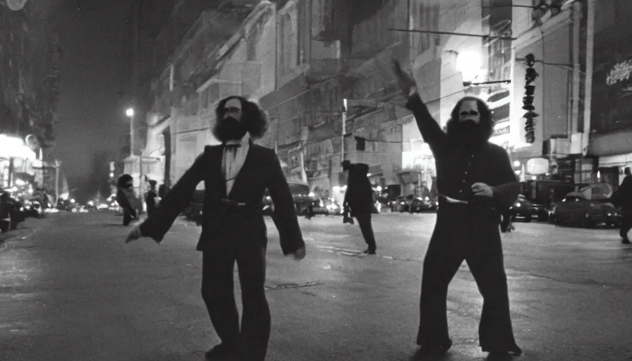 Prompt: 70s movie still of Karl Marx doing kung-fu , cinestill 800t 18mm heavy grain, cinematic, dramatic dark lighning, brooklyn at night neon boards