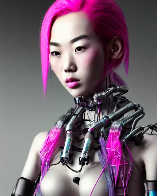 Image similar to portrait of a beautiful asian woman with pink hair as a cyberpunk cyborg half robot, skin open to reveal wires and electronics, sci - fi, missing panels, intricate abstract upper body intricate artwork, concept art, octane render, deviantart, cinematic, key art, hyperrealism, iridescent accents, portrait photograph, nikon 3 5 mm, photograph by greg rutkowski