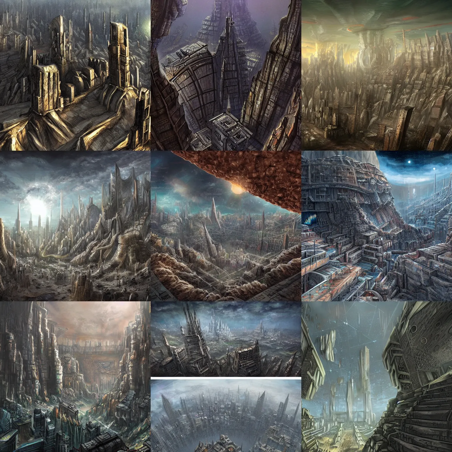 Prompt: A metal city built deep inside of a crater where the buildings reach to the sky, fantasy art style