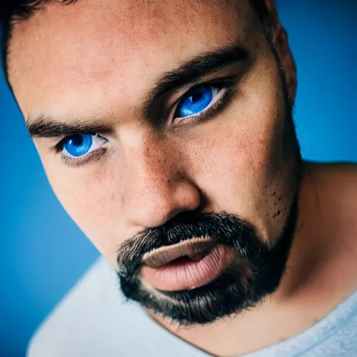 Image similar to fish eye lens close up photograph of a man with blue skin and a goatee side eyeing from below the camera with a sympathetic look