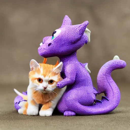 Image similar to small cute purple dragon, the dragon is hugging an orange tabby cat, soft, cozy