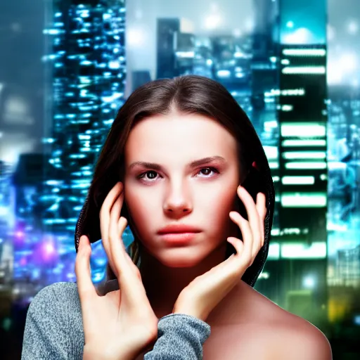 Image similar to close up on a woman\'s face with a log of cybernetic components. Futuristic city in the background. Very detailed. 55mm lens